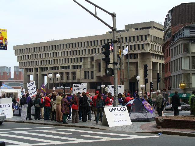 SEIU 615 Fast in front of the UNICCO Headquarters - Boston City Hall in the background.